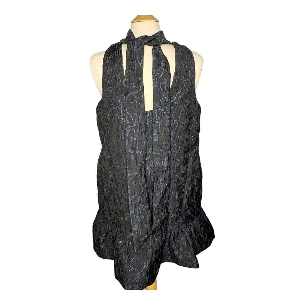 Scoop Mini Dress Women‎ Large Black Blue Metallic Floral Jacquard Mock Neck Tie